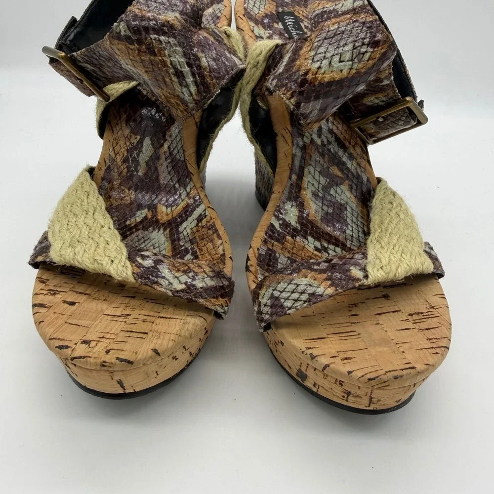 Michael Antonio Snakeskin Cork Platform Wedge Sandals Brown Tan 8